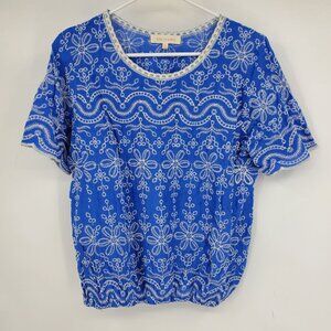 Solitaire Women's Blue and Tan Embroidered Short Sleeve Boho Beachy Shirt Medium